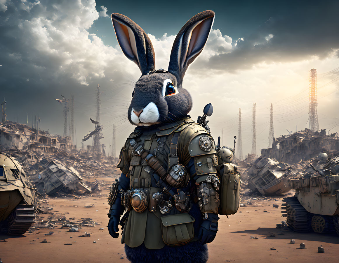 Anthropomorphic rabbit in post-apocalyptic landscape with tanks and ruins