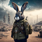 Anthropomorphic rabbit in post-apocalyptic landscape with tanks and ruins
