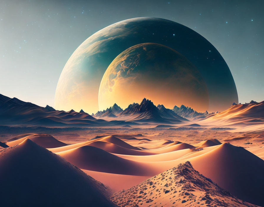 Surreal landscape with orange sand dunes, starry sky, and detailed planet.