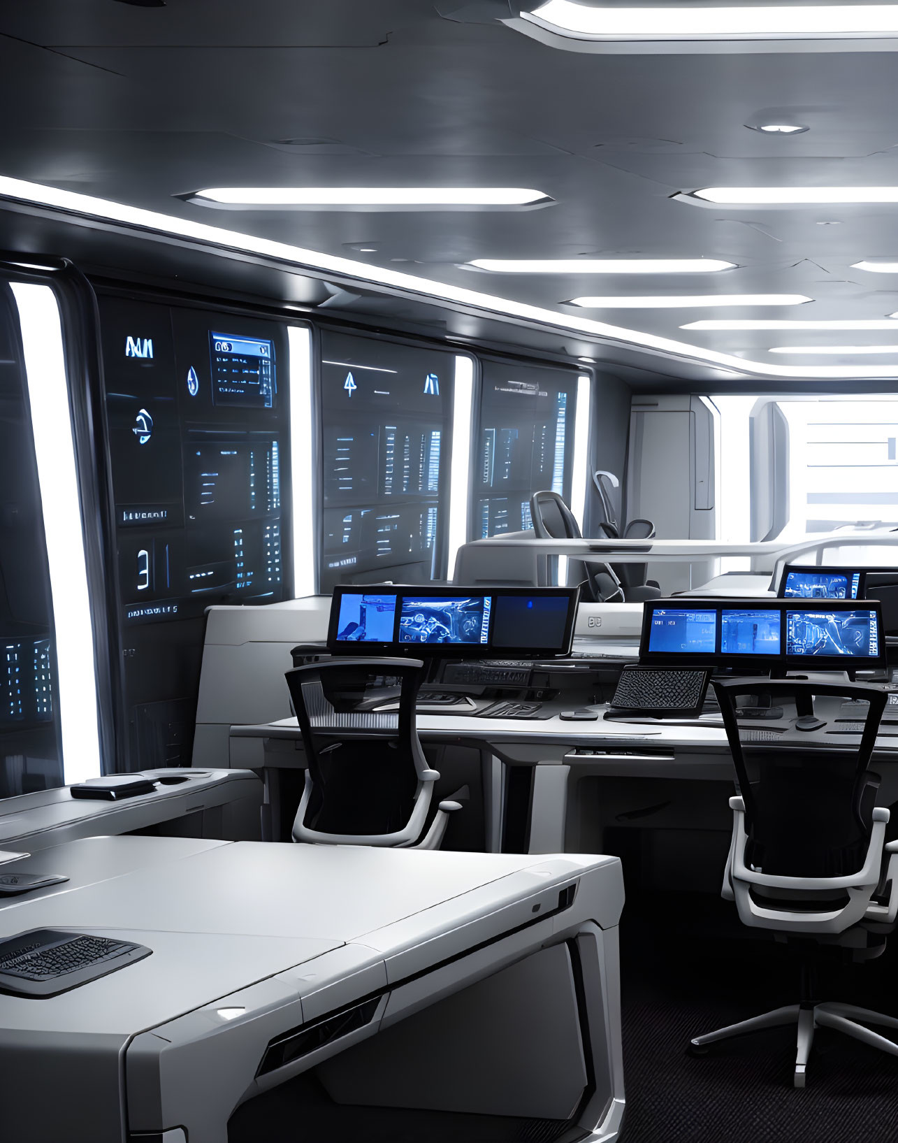 Futuristic spaceship bridge with high-tech control panels and screens