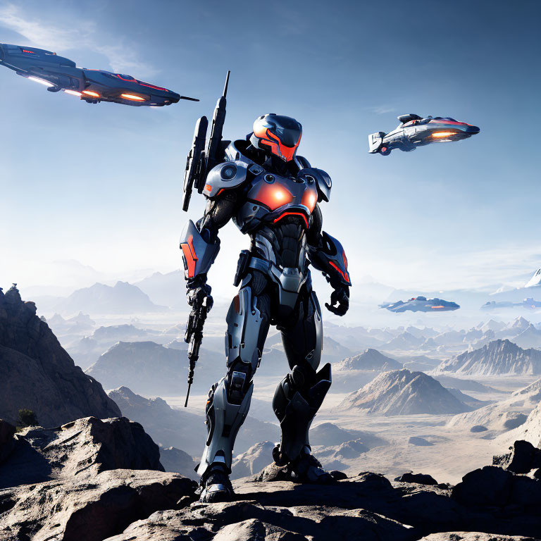 Futuristic armored soldier with rifle on rocky terrain with flying ships in vast desert landscape