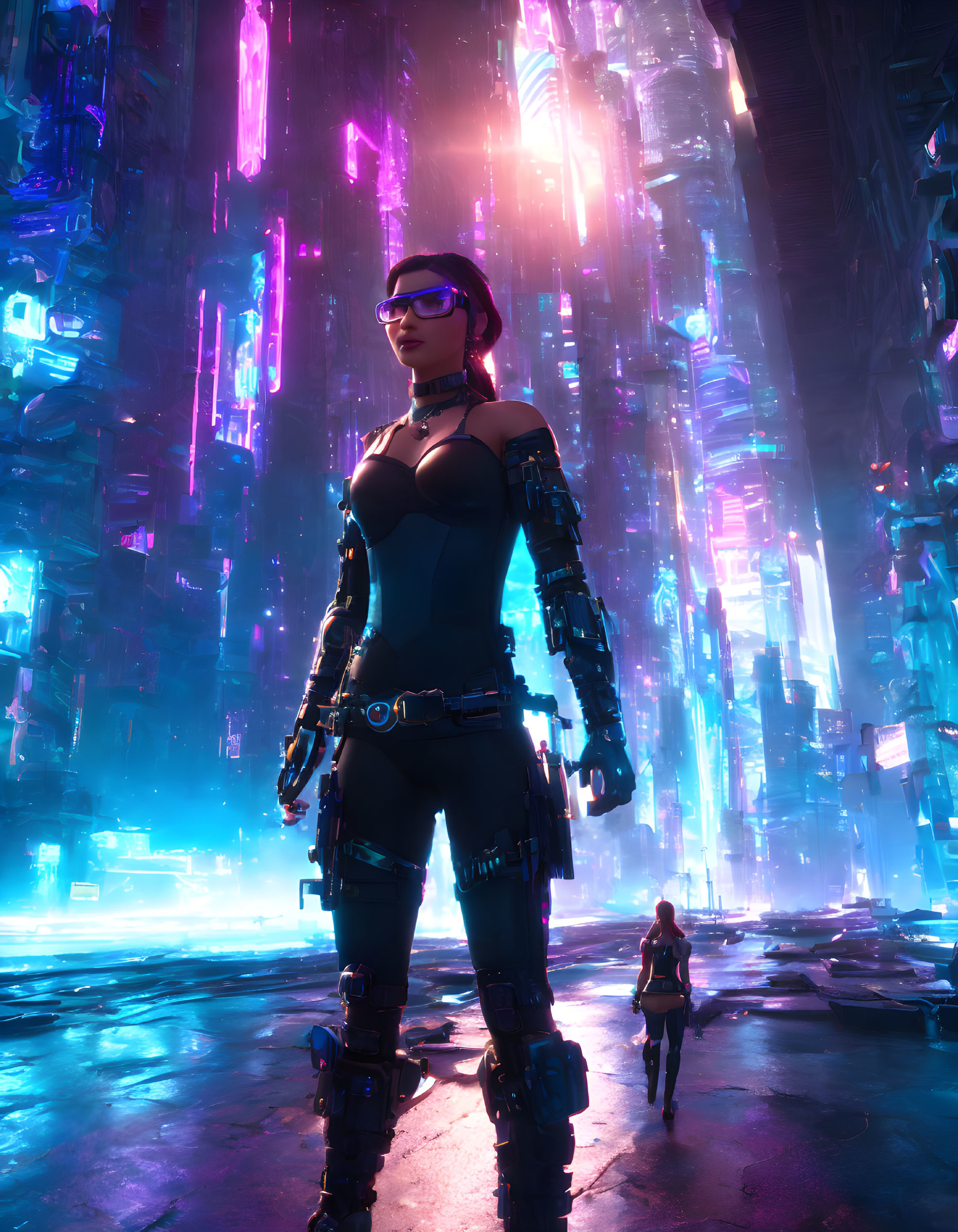 Cybernetic Arm Woman in Neon-lit Futuristic Cityscape