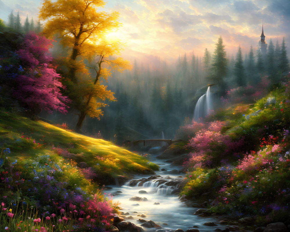 Vibrant sunset landscape with waterfall, stream, and tower in soft haze
