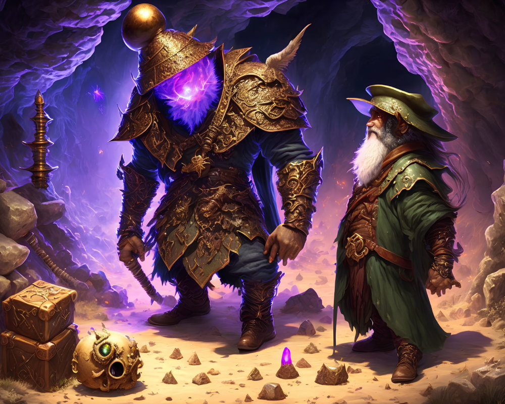 Fantasy Artwork: Armored Warrior and Dwarf in Cave with Treasure