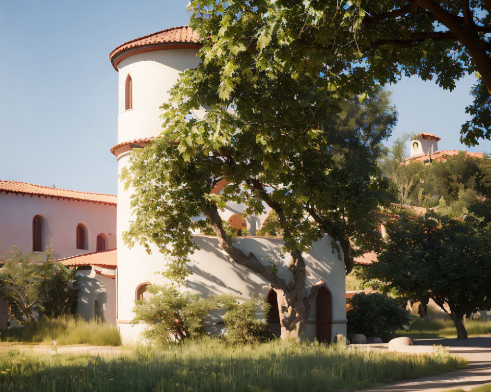 Sunlit Mediterranean-style building with round tower amidst lush greenery