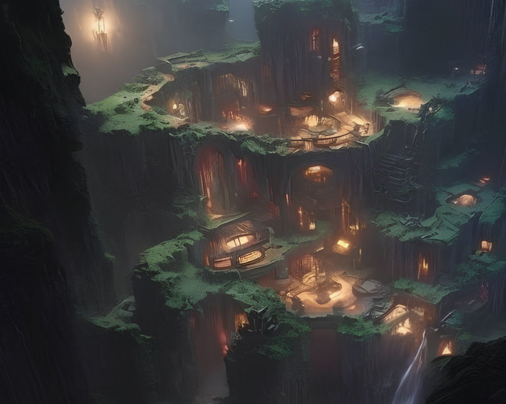 Enchanting subterranean city with glowing lights and waterfalls