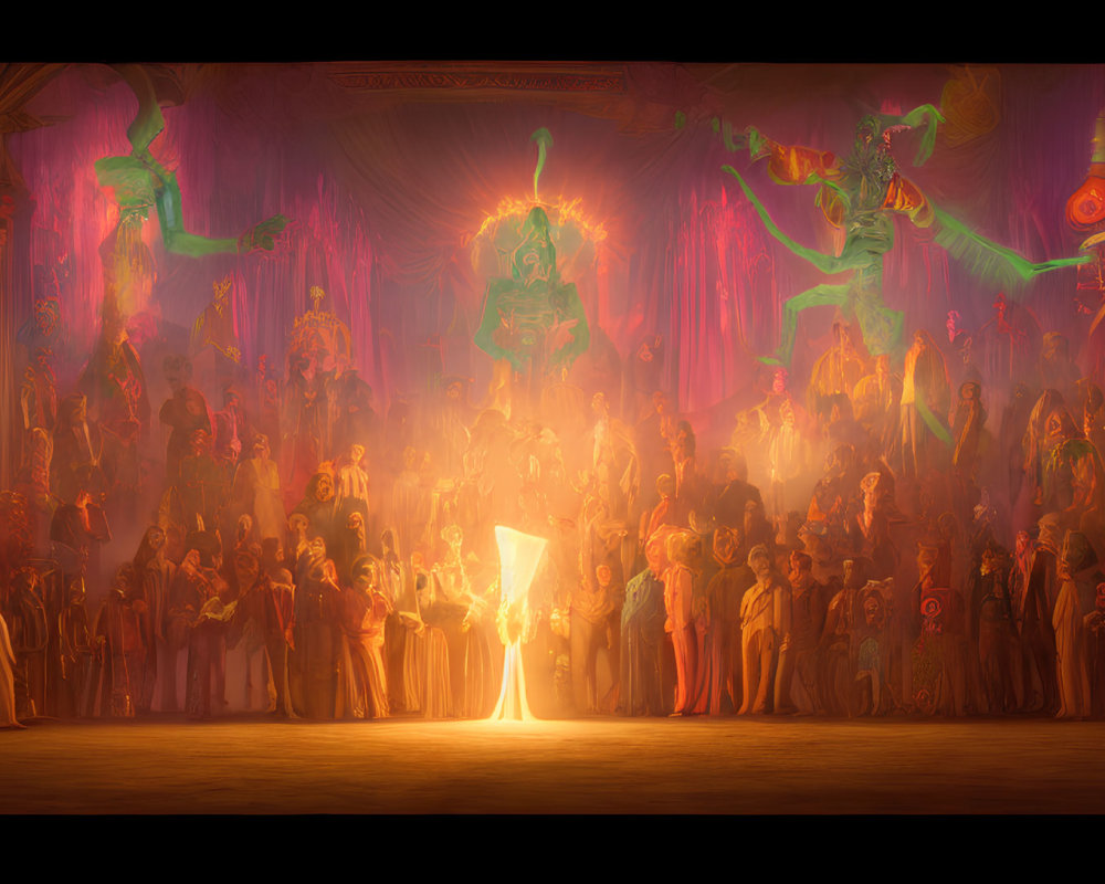 Fantasy scene: opulent, crowded hall with humanoid figures casting spells under warm light