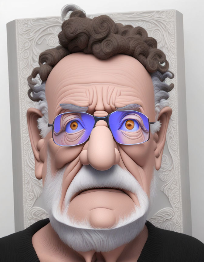Stylized 3D caricature of grumpy old man with curly hair and mustache
