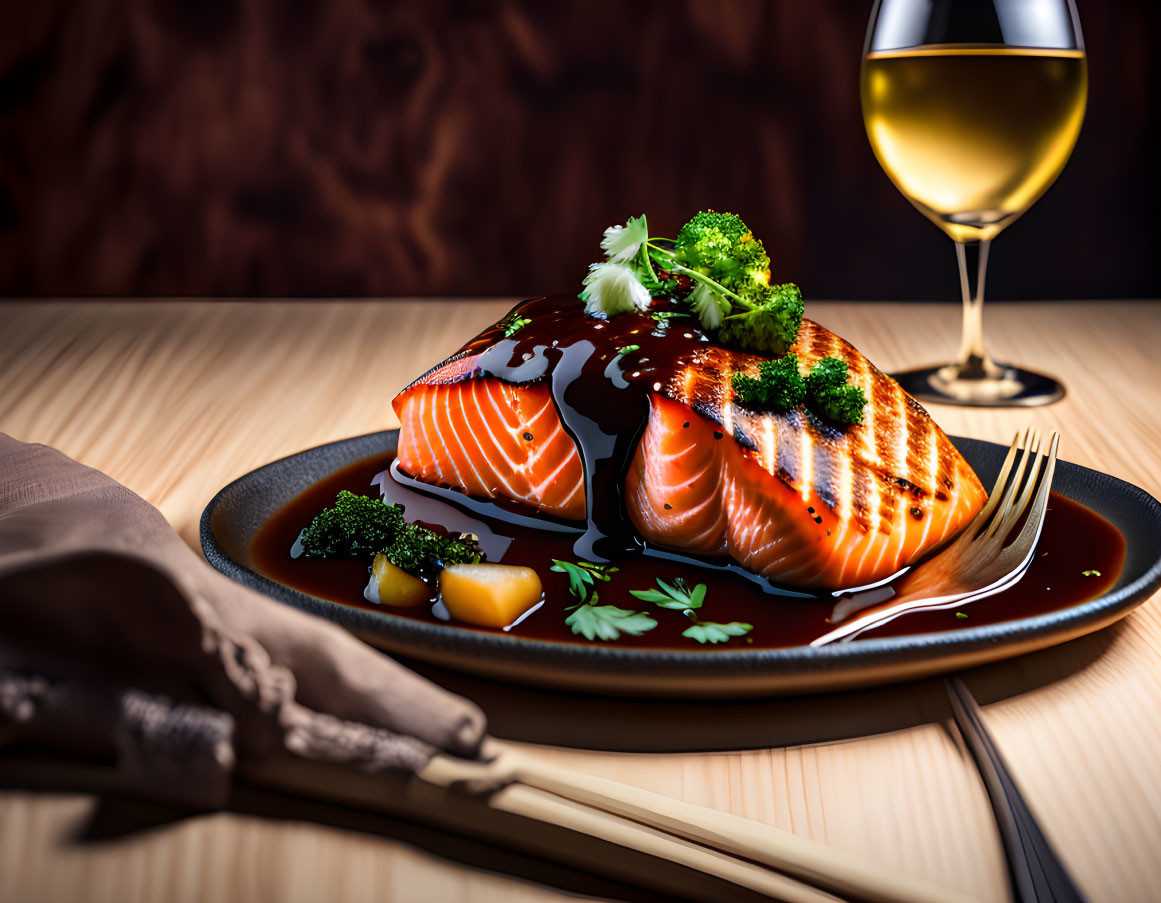 Grilled Salmon Fillet with Glaze and Herbs on Plate with White Wine