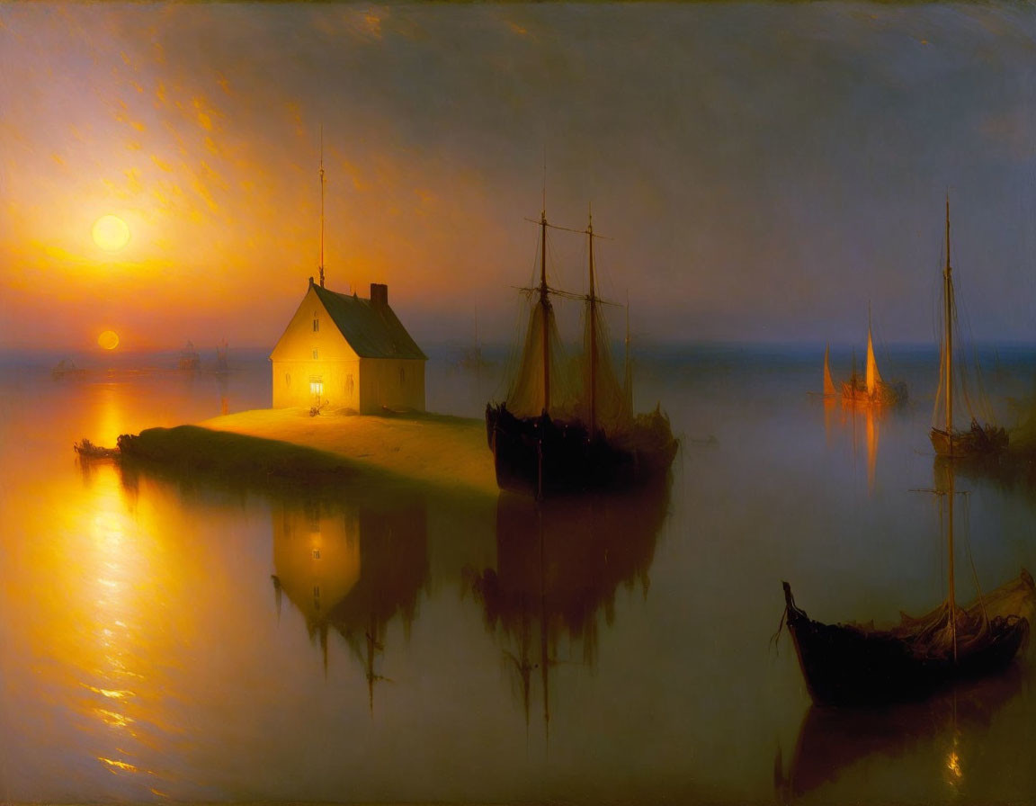Tranquil harbor sunset with house on peninsula and moored boats in calm water