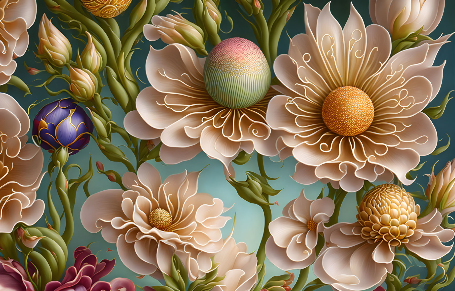 Detailed Beige Flowers with Easter Eggs on Teal Background