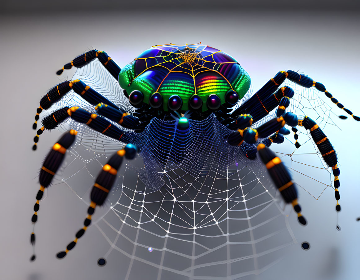  robot spider weaving a web. must contain detailed