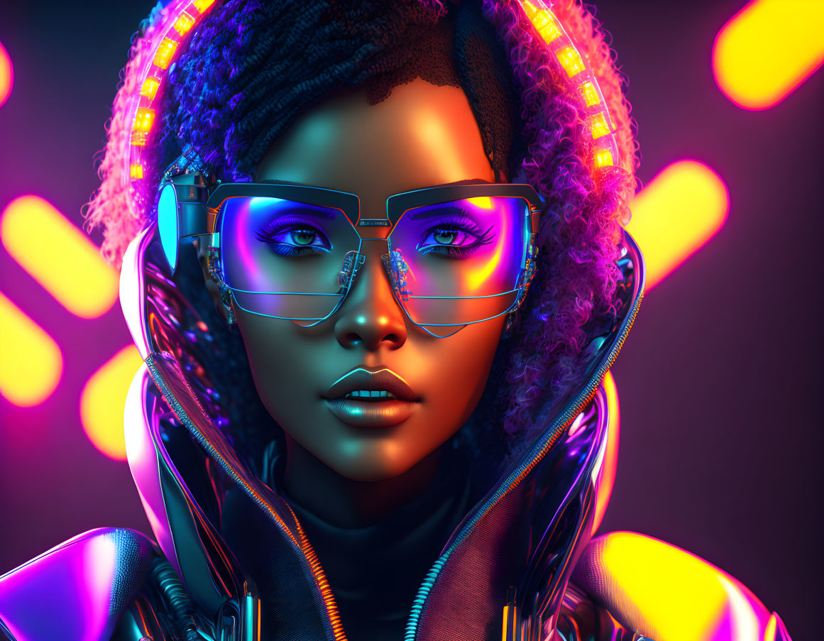 Digital artwork: Woman with glowing headphones and glasses on vibrant bokeh backdrop