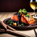 Grilled Salmon Fillet with Glaze and Herbs on Plate with White Wine