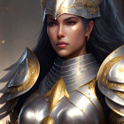 Female warrior portrait in silver and gold armor with regal helmet