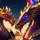 Detailed golden and purple dragons face off in a dusk sky scene