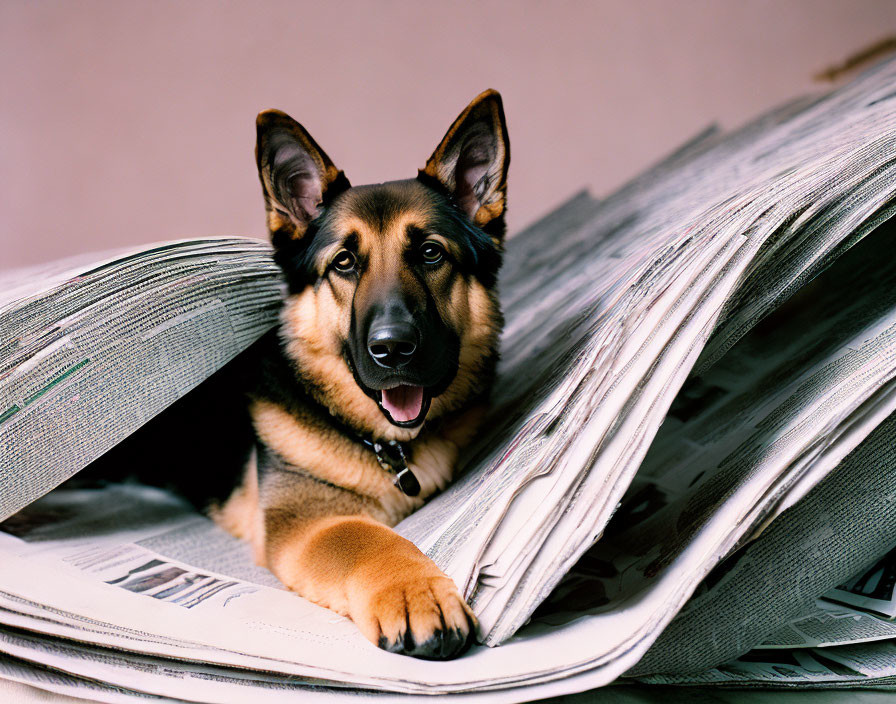 German Shepherd Dog with Perked Ears and Glossy Coat Over Newspapers