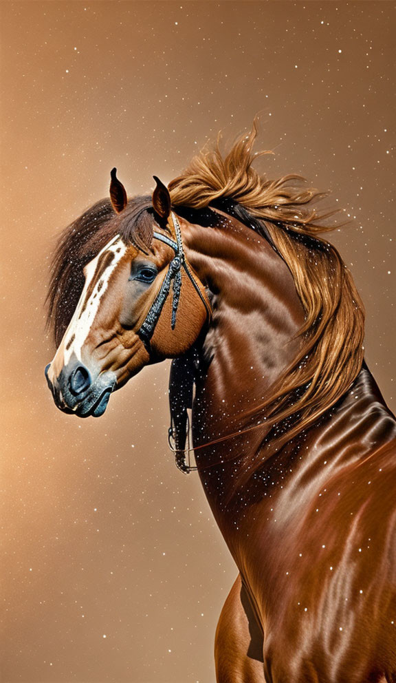 Majestic chestnut horse with flowing mane and bridle on speckled brown backdrop