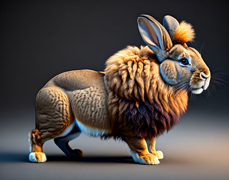 Fantastical creature art: lion-rabbit fusion with furry mane and long ears