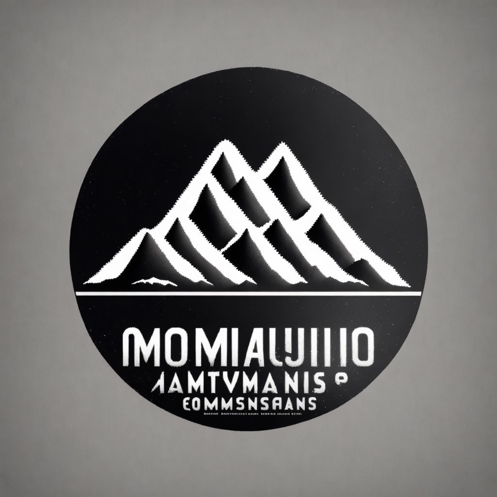 Circular logo with stylized mountain peaks and mirrored text on textured gray background
