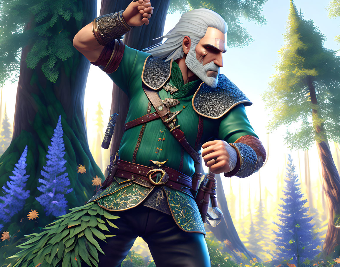 White-Haired Man in Green and Gold Medieval Outfit Standing in Forest