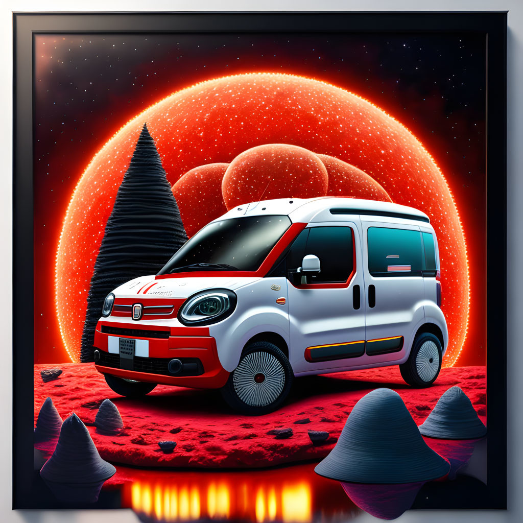 Stylized illustration of white and red van on red planet with large planets in background