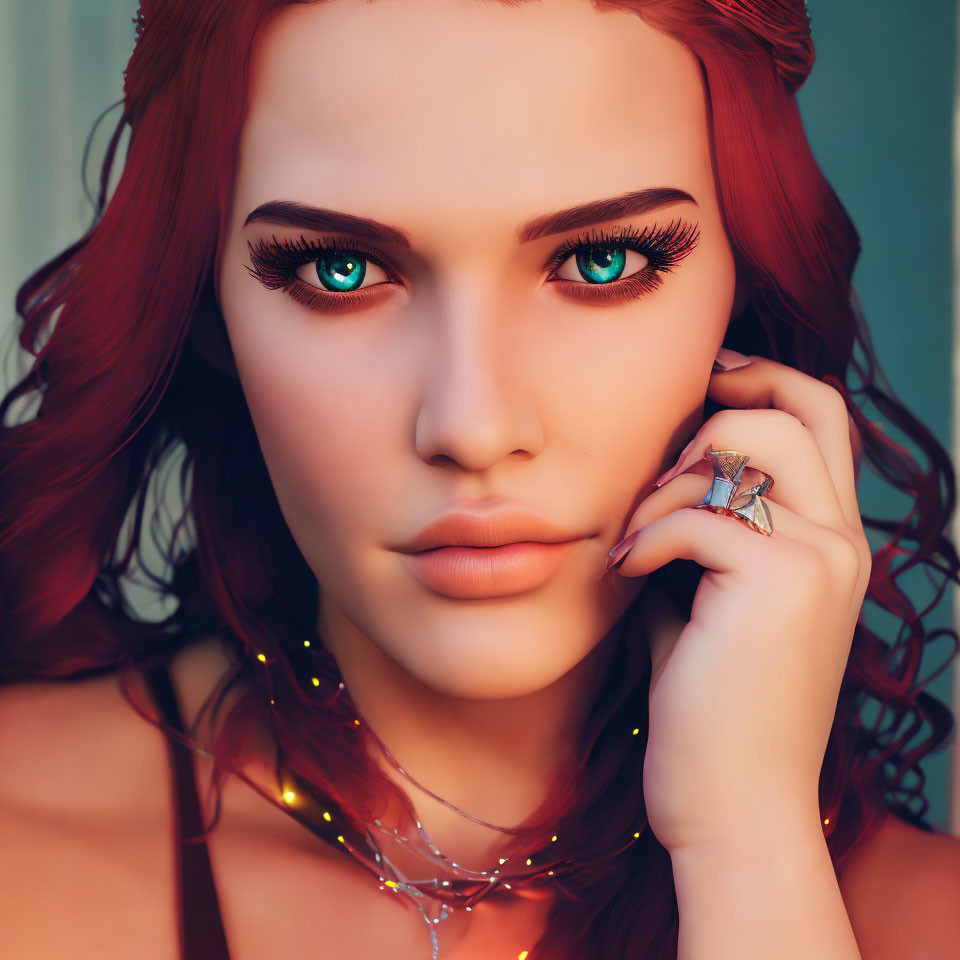 Vibrant red-haired woman with blue eyes in digital portrait