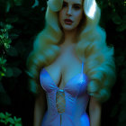 Blonde woman in sparkling bodysuit surrounded by green foliage and blue light