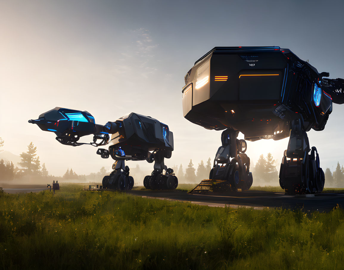 Futuristic vehicles with mechanical legs in forested landscape at sunrise or sunset