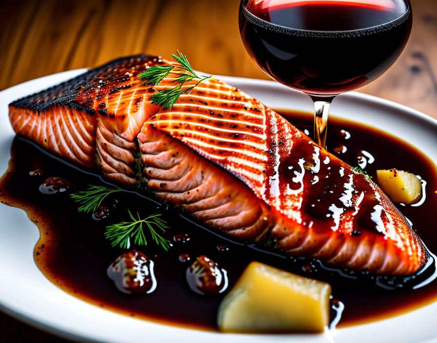 Grilled Salmon Fillet with Glaze and Dill, Served with Red Wine