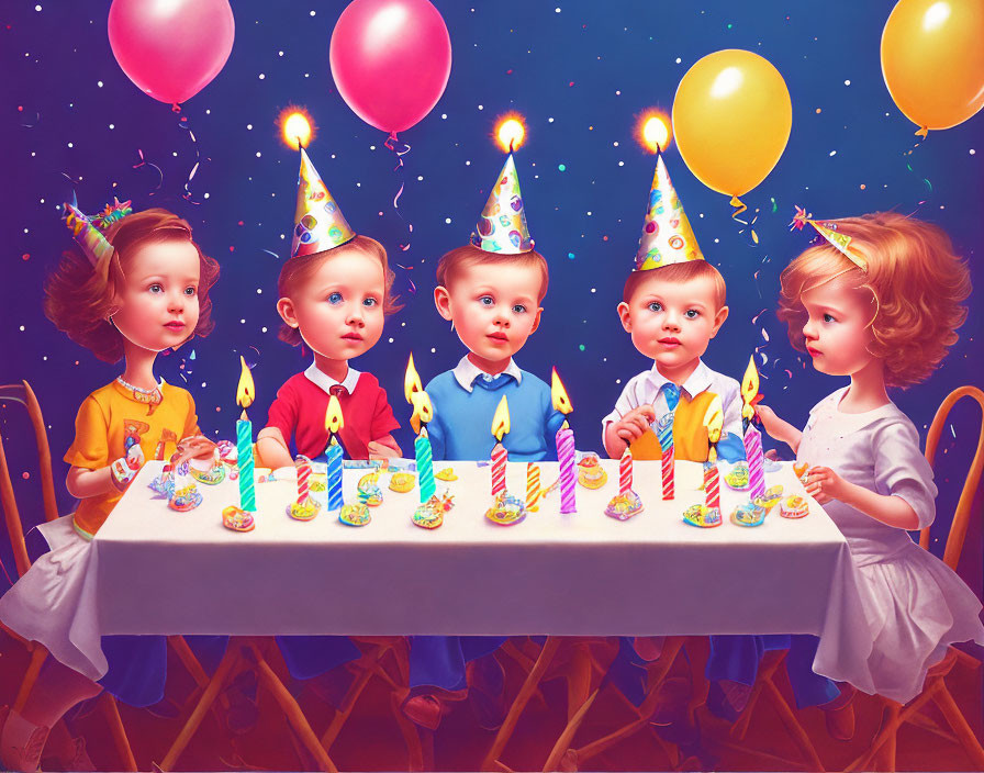 Five toddlers at birthday party with party hats, cake, candles, and balloons.