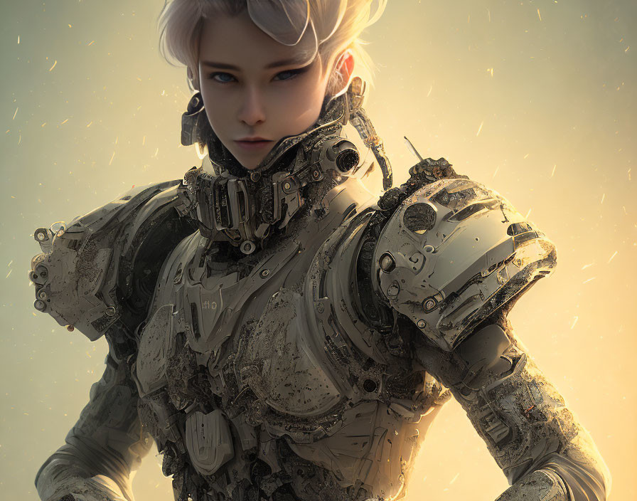 Digital artwork: Short-haired person in futuristic armored suit with blue eyes.