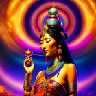 Colorful Woman in Traditional Attire Against Cosmic Background
