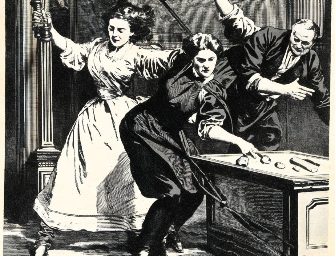 Dramatic vintage illustration of two women and a man around a table