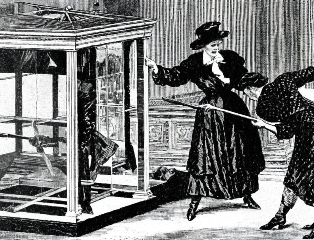Vintage illustration of woman breaking glass case with umbrella.