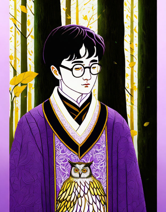 Young wizard in glasses in purple robe with crest, owl in forest