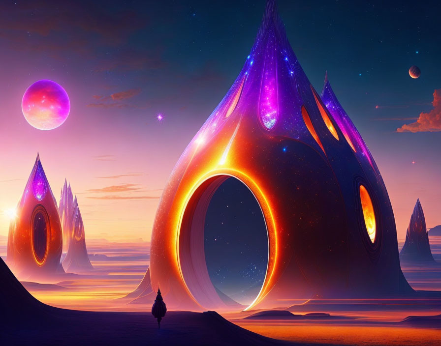 Person standing before surreal alien structures under multiple moons and setting sun.