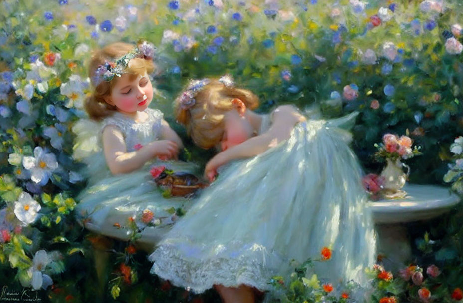 Two young girls in floral crowns among vibrant flowers on stone bench