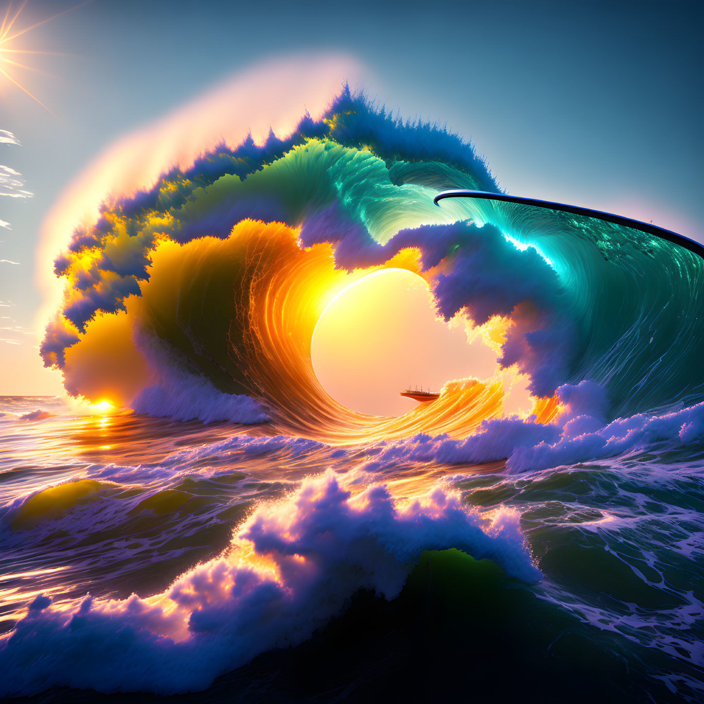 Colorful Ocean Wave Sunset Artwork: Dramatic Curling Wave with Vibrant Sunset Colors