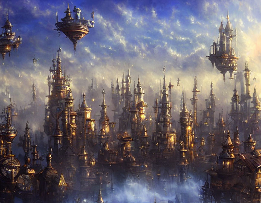 Fantastical cityscape with towering spires and floating islands in golden light
