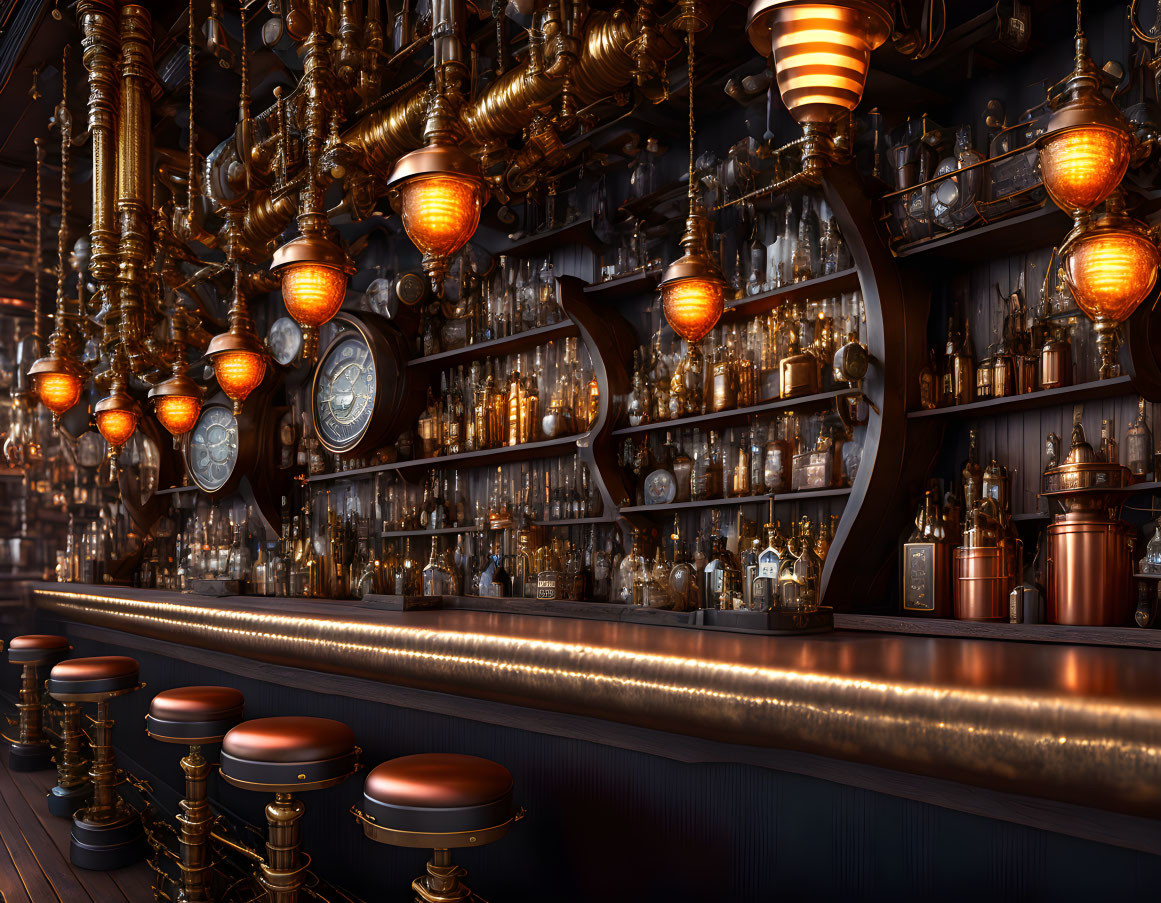 Steampunk-themed bar with vintage stools, brass fixtures, amber lights, and stocked shelves