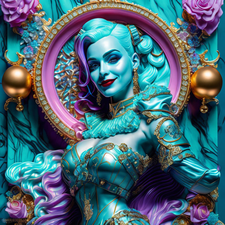 Colorful digital artwork of woman with blue skin and turquoise hair in gold and purple frame