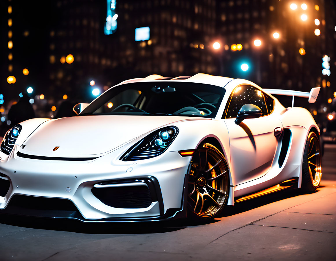 Luxury white sports car with black and gold details in city night scene