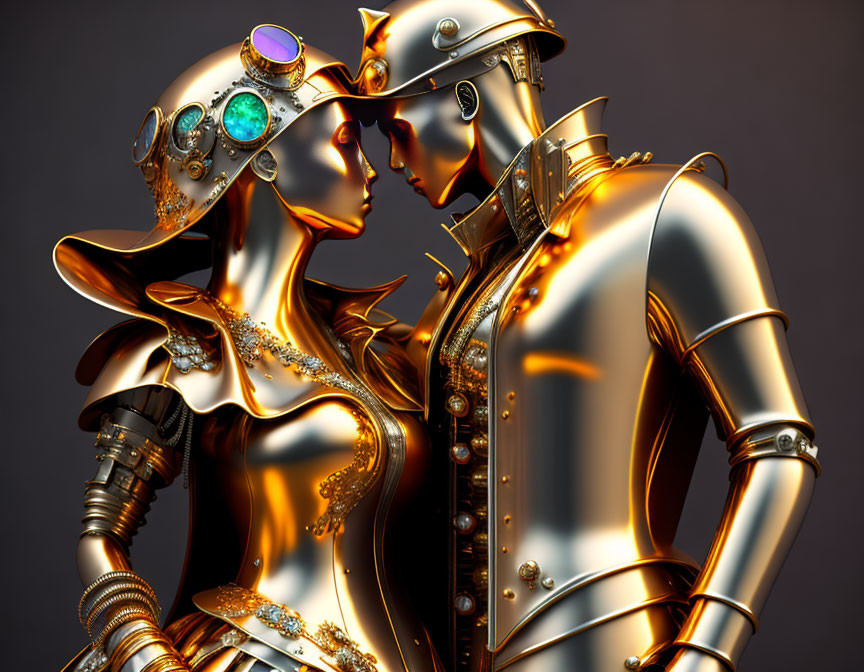 Steampunk style robots with ornate brass armor and gears in intimate pose