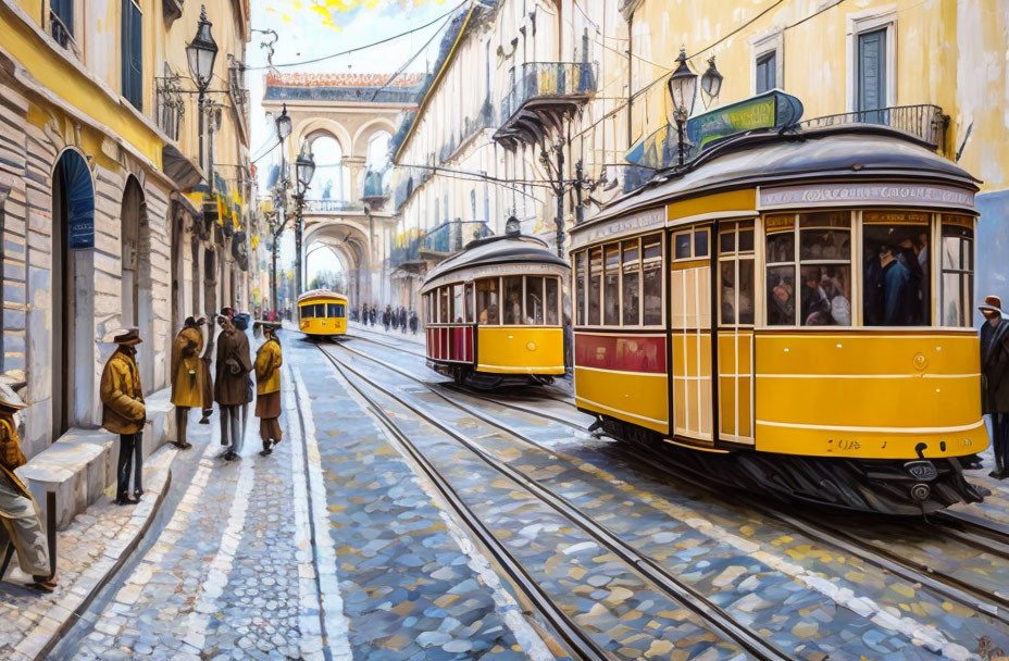 Vintage trams and classical architecture on cobblestone street with pedestrians