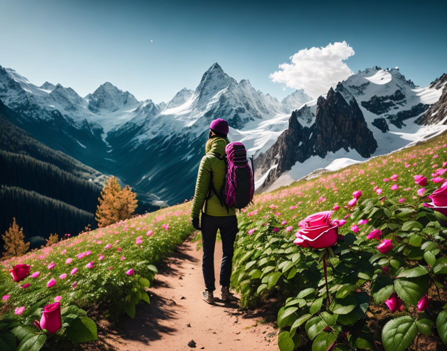 Hiker on Mountain Trail with Pink Flowers and Snowy Peaks