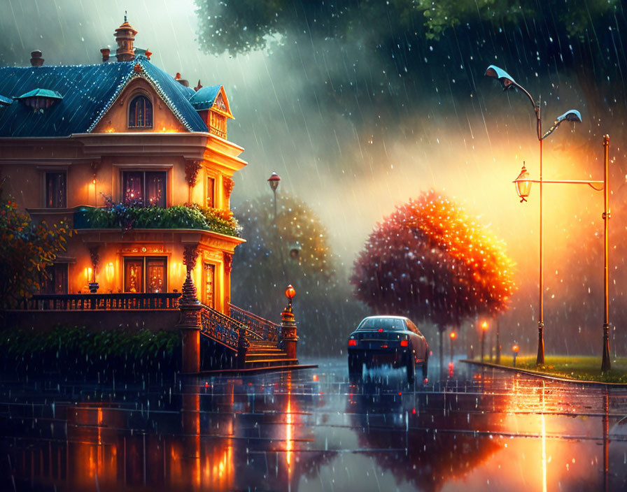 Rainy Evening Scene: Illuminated House, Passing Car, Glowing Streetlight