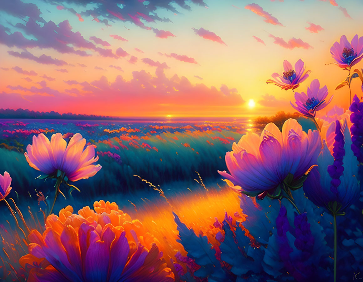 Colorful flowers in sunset glow: vibrant digital artwork