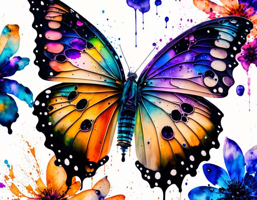Colorful Butterfly Against Multicolored Paint Splatters
