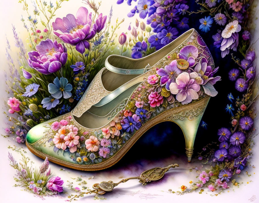 Vintage high-heeled shoes with ornate design in a whimsical floral setting